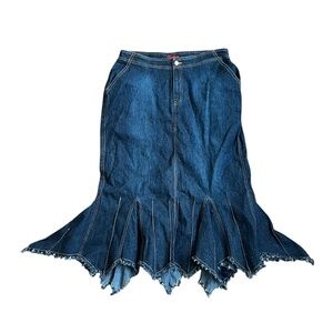 Vintage Y2K Dark Wash Denim Maxi Skirt with Fringe Bottom Hem Grunge Fairy 14